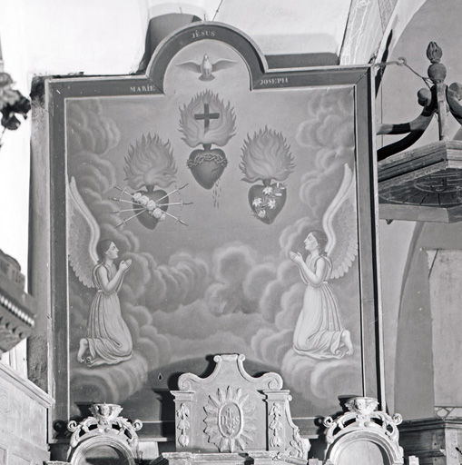 tableau : Adoration du Sacré-Coeur, du coeur de la Vierge et du coeur de saint Joseph
