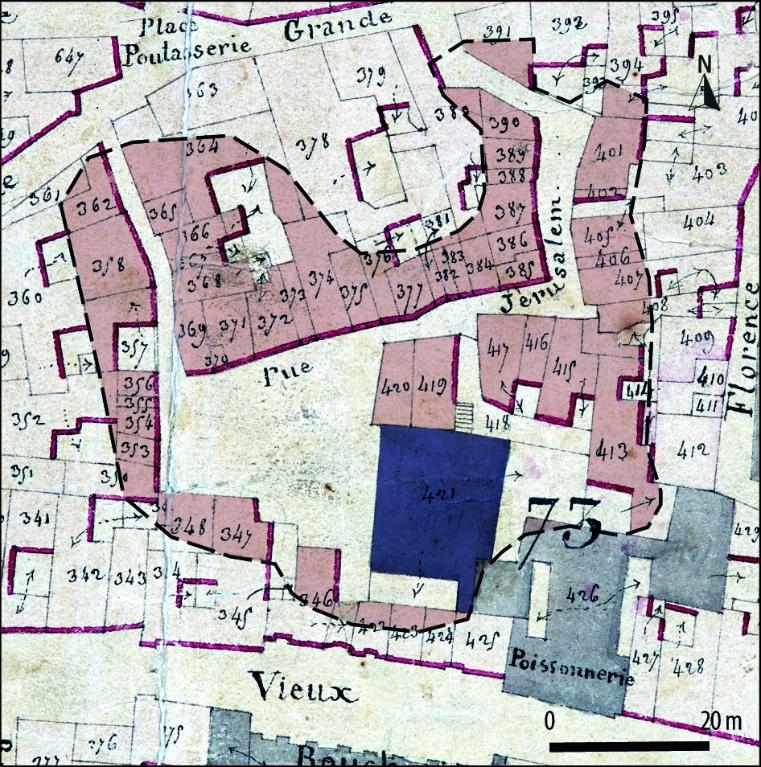 Plan de masse et de situation de la seconde juiverie d'après le cadastre d'Avignon, 1819 (section KK). Echelle d'origine 1/2500.