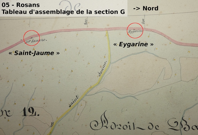 Extrait du tableau d'assemblage de la section G du cadastre de Rosans (1839). Echelle d'origine 1/4 000e.