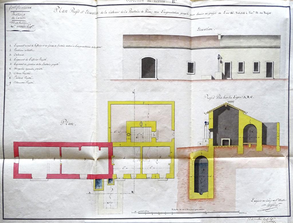 Plan, profil et élévation de la caserne de la batterie de Riou avec l'augmentation proposée, an 10.