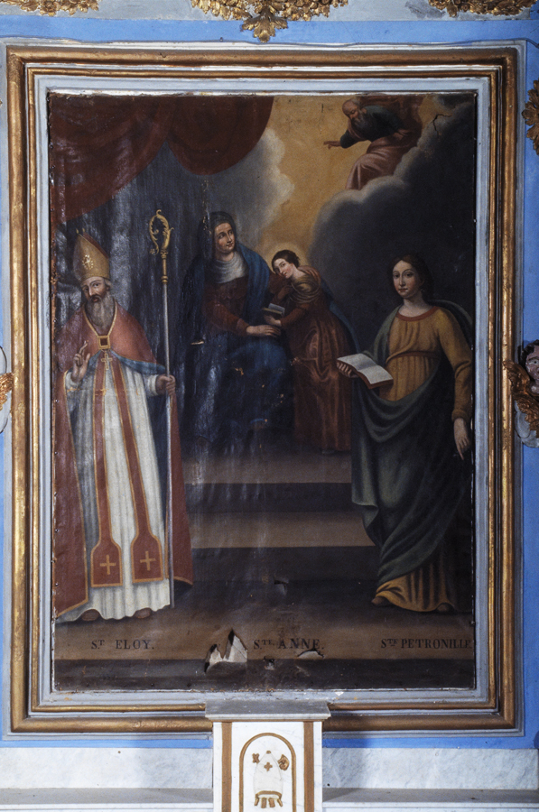 tableau : Education de la Vierge, saint Eloi de Noyon, sainte Pétronille