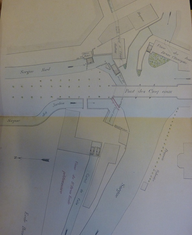 [Demande de Emile Brun en vue d'installer un barrage sur la Sorgue des Jardins ; localisation des roues de Brun-Champein et E. Brun, 1890.]