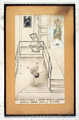 ex-voto, tableau : Chute d'une fillette dans l'escalier de la cave, famille Beiso