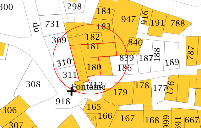 Plan de masse d'après le cadastre de 2021, section 000F. Echelle d'origine 1/500e.