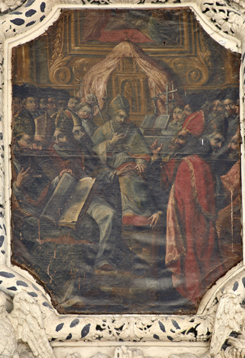 Tableau n°2 : saint Augustin (chape rouge) prêchant devant Valère.