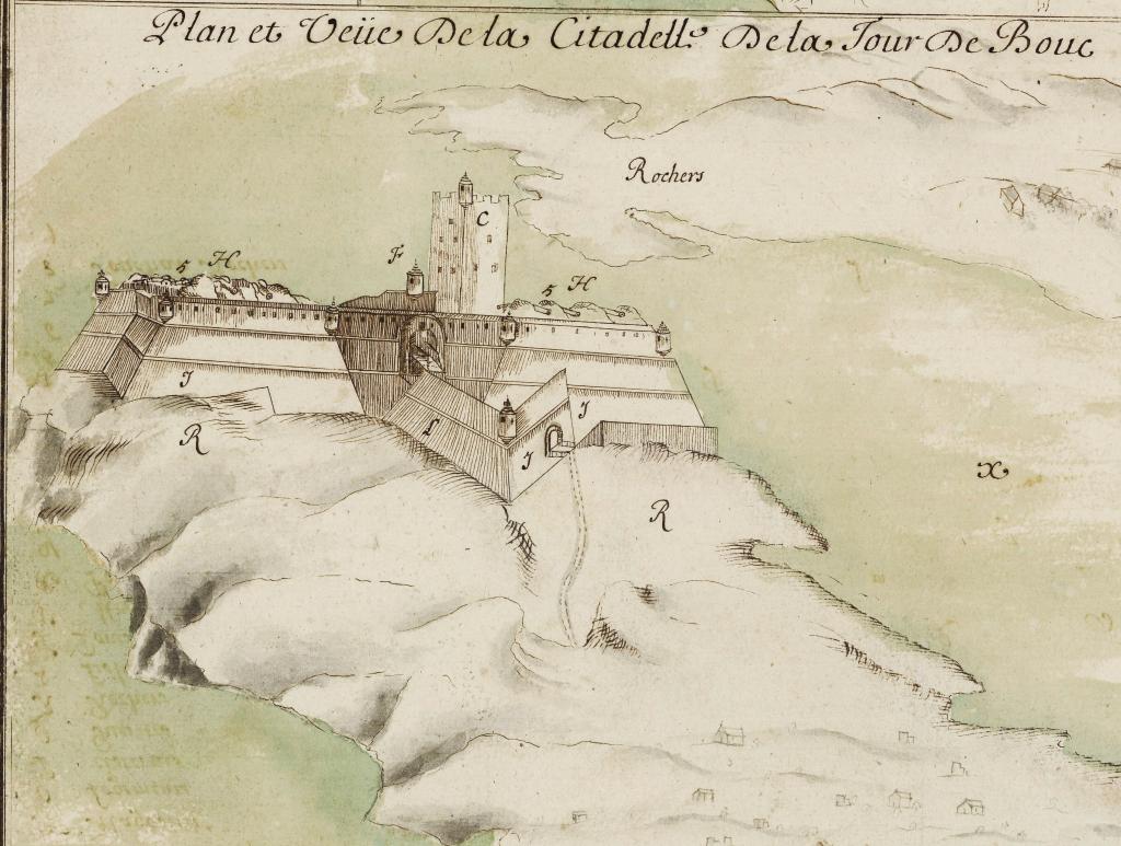 Plan et veüe de la citadelle de la Tour de Bouc. [Plan et vue cavalière du front d'entrée], c. 1660.