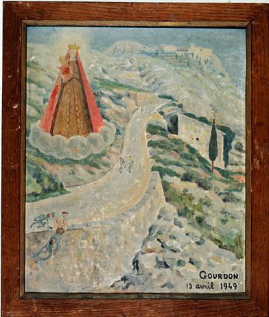 ex-voto, tableau : Cycliste passant par dessus le parapet d'une route de montagne, Jean-Baptiste Trotobas