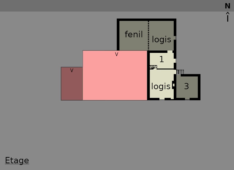 Plan schématique du bâtiment 1 : étage à l'est ; toiture à l'ouest. 