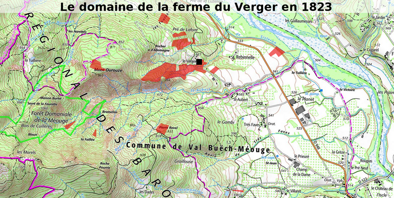 Extrait de la carte IGN au 1/25 000e, montrant l'étendue du domaine agricole d'après le cadastre de 1823.