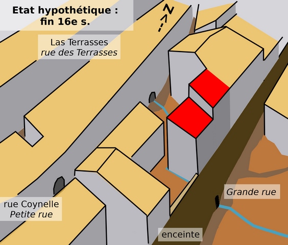 Le bâtiment dans son quartier, état hypothétique : fin du 16e siècle.