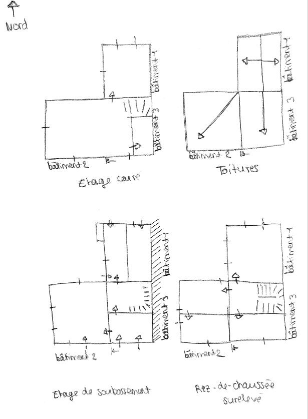 Relevé avec plan de distribution des trois premiers niveaux de la maison et des toitures.