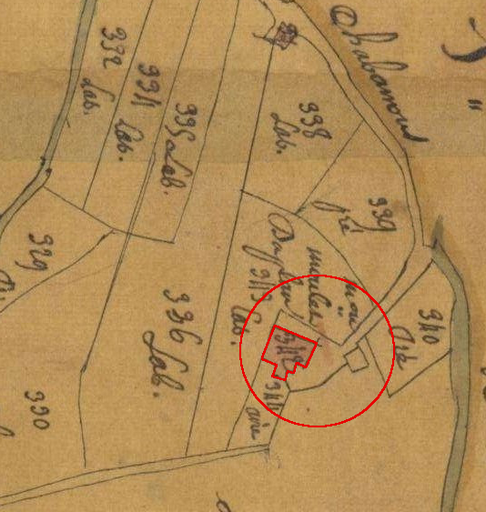 Plan de masse et de situation d'après le plan cadastral de 1823, section I2. Echelle d'origine 1/2500e.