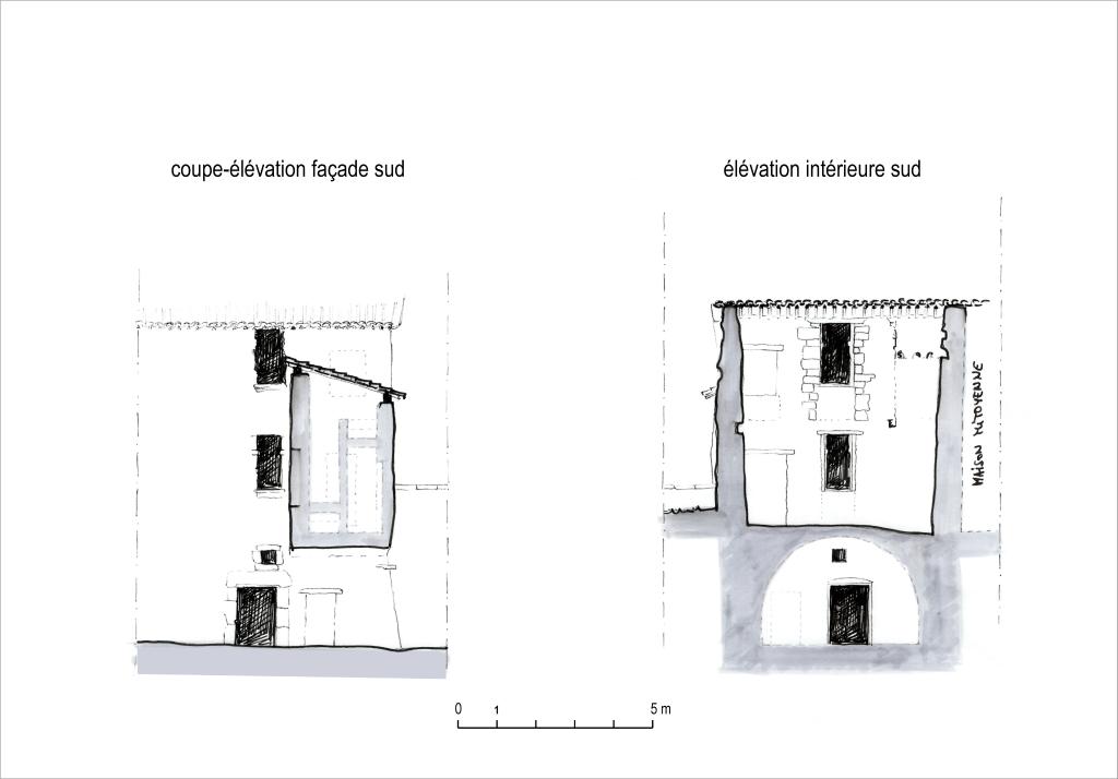 Coupo-élévation de la façade sud et élévation intérieure sud.