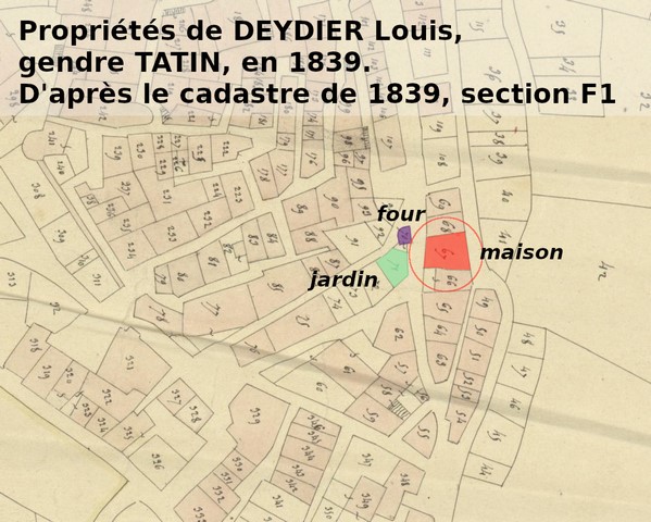 Propriétés de Louis Deydier, gendre Tatin, en 1839, d'après le plan cadastral de 1839, section F1. Echelle d'origine 1/1000e.