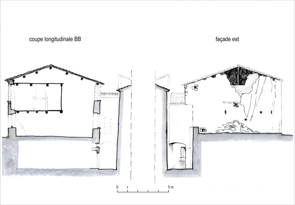 Coupe longitudinale BB et façade est.