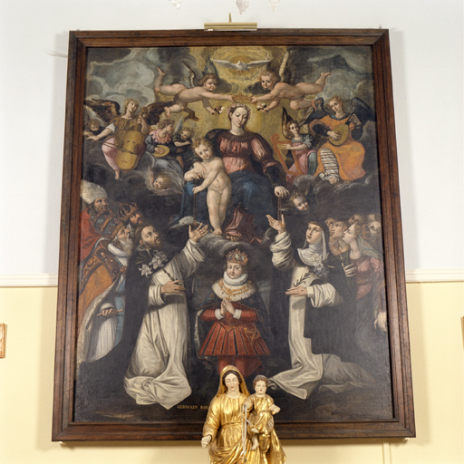 Tableau d'autel : Donation du rosaire à saint Dominique de Guzman et à sainte Catherine de Sienne avec Louis XIII