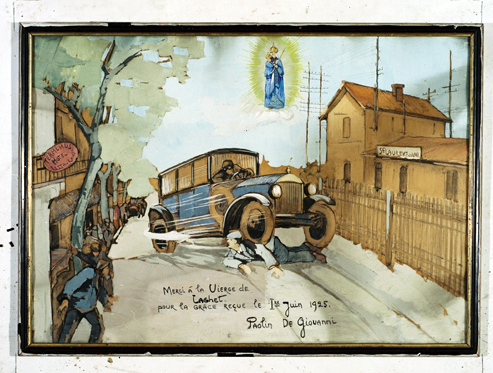 ex-voto, tableau : Homme écrasé par une voiture automobile, Paolin de Giovanni