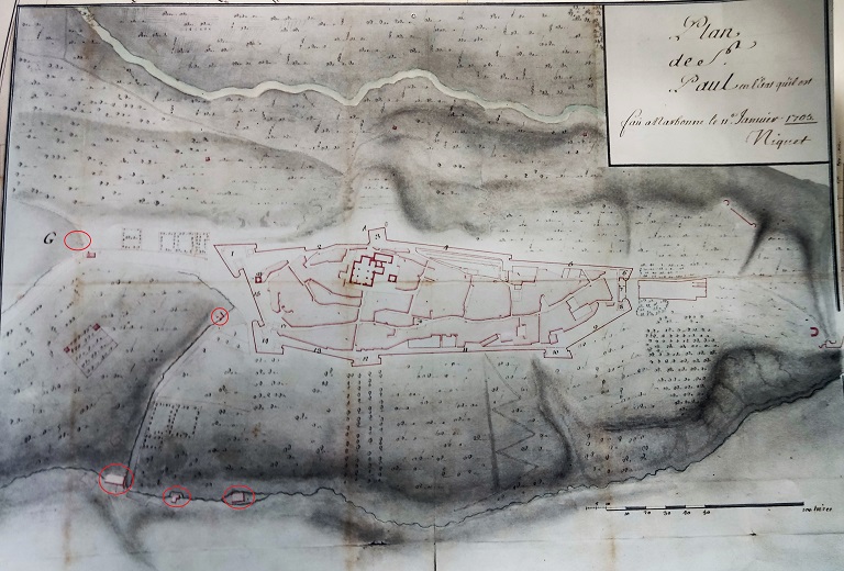 Plan/de St/Paul en l’état qu’il est/fait à Narbonne le 11 Janvier 1705/Niquet. [Les moulins sont figurés sur le plan].