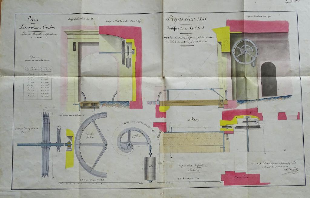 [Plan, coupes et élévation d'un pont-levis à la porte 27 de la 2e enceinte du fort St Nicolas, projets pour 1841]