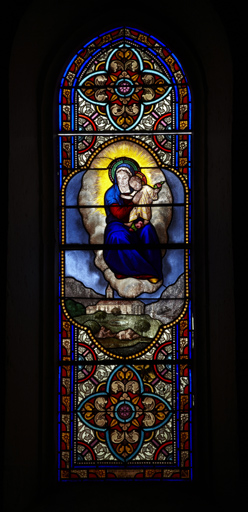 Paire de verrières figurées : apparition de la Vierge à l'Enfant à un berger dite Notre-Dame-de-la-Fleur, Christ du Sacré-Cœur apparaissant à sainte Marguerite-Marie Alacoque