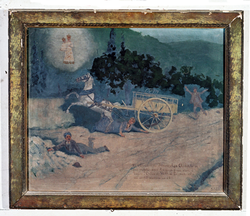 ex-voto, tableau : Femme sous les roues d'une wagonnette, Françoise Albertan