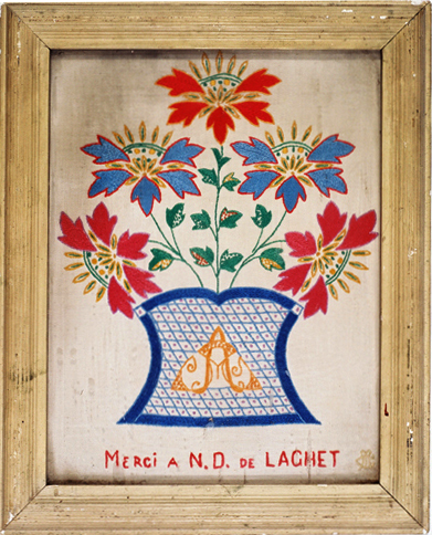ex-voto, tableau de broderie : Bouquet de fleurs rouges et bleues