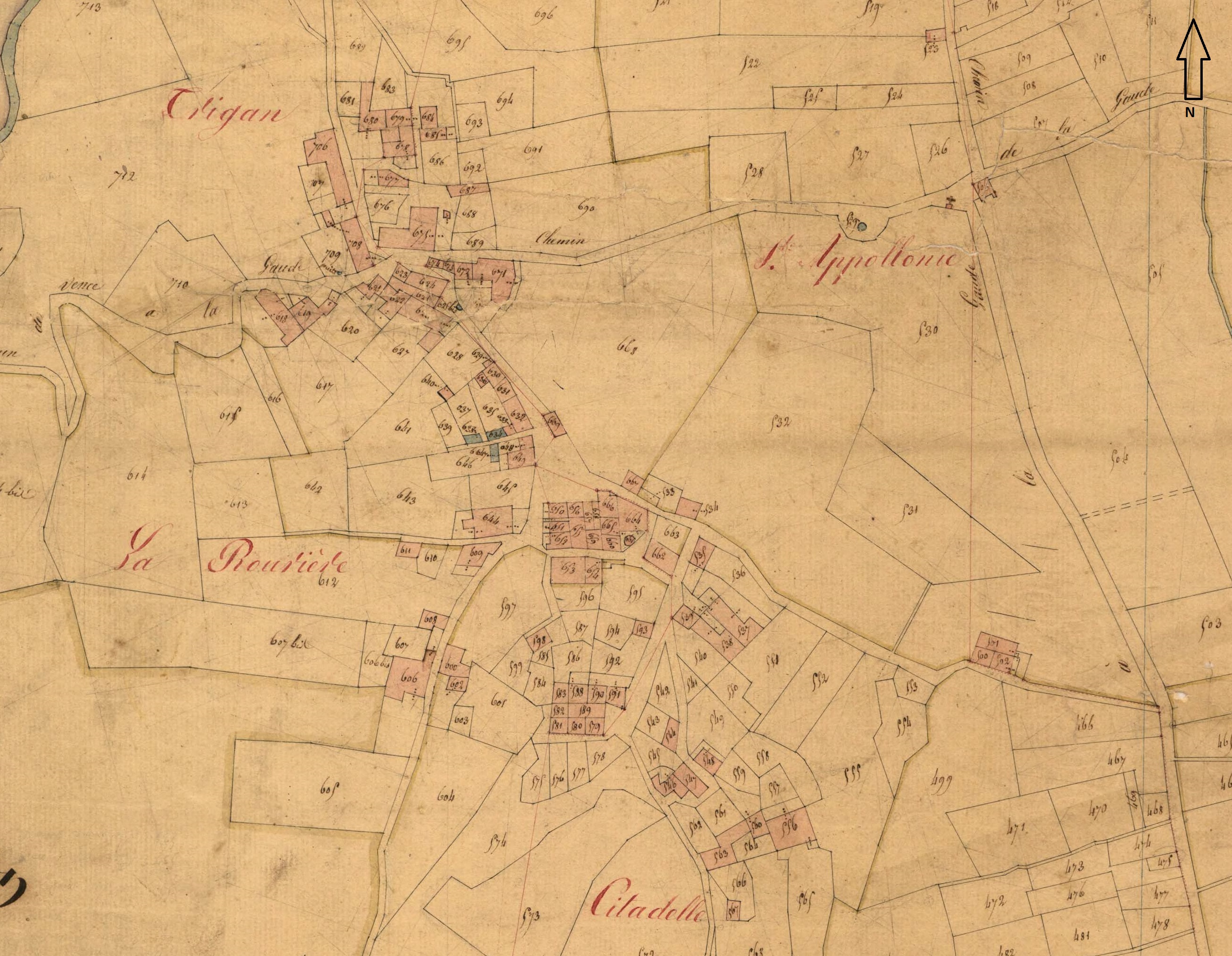 Plan de masse et de situation du village de La Gaude, partie de la Basse-Gaude, d'après le cadastre de 1834, section D. 