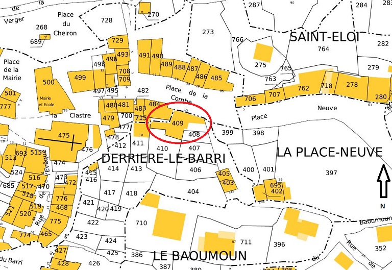 Plan de masse et de situation d'après le cadastre de 2023 (section B, parcelle 409). 