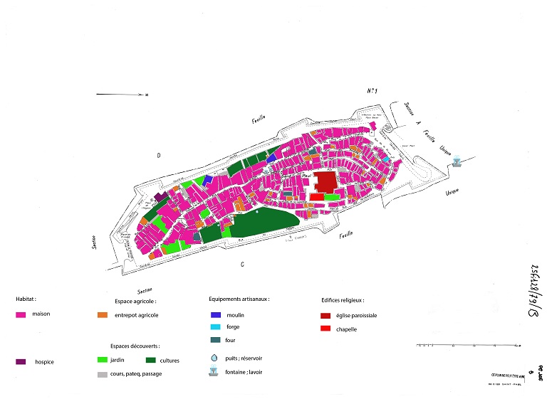 Répartition des fonctions principales de chaque parcelle dans le bourg de Saint-Paul-de-Vence, colorisées sur la feuille B du cadastre révisé en 1979.