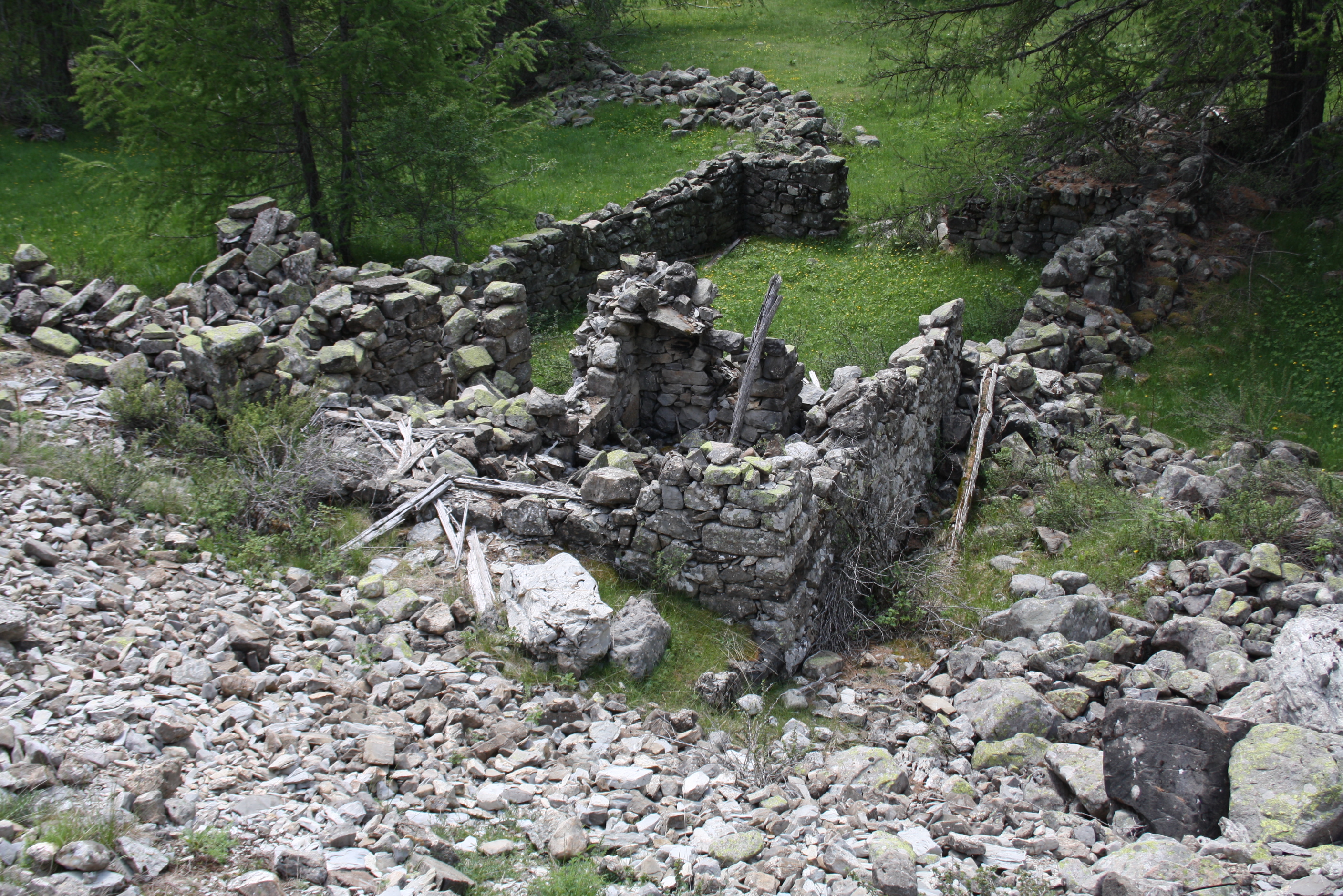 Entrepôt agricole ou cabane ruiné avec enclos attenant sur le plateau des Sagnes (non cadastré).