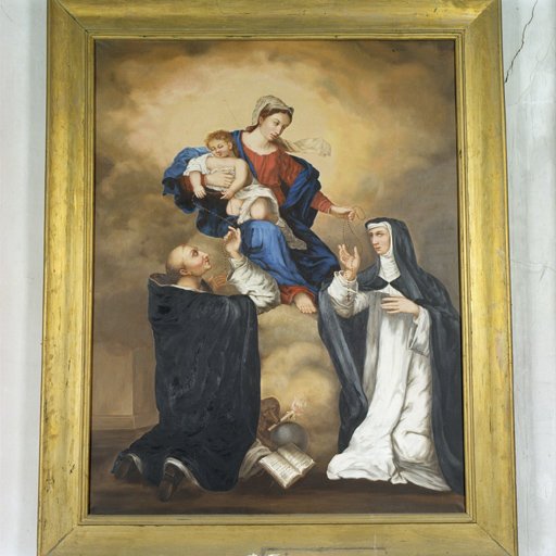 tableau : La Vierge et l'Enfant remettant le rosaire à saint Dominique de Guzman et sainte Catherine de Sienne