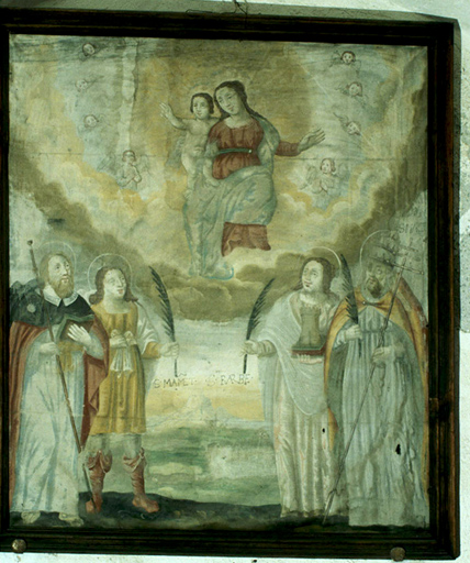 tableau : Vierge à l'Enfant, saint Jacques le Majeur, saint Mammès, sainte Barbe, saint Marcellin
