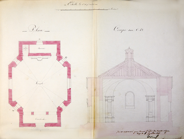 Plan et coupe [du temple de Rosans] (1845).