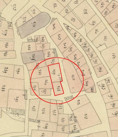 Plan de masse d'après le plan cadastral de 1839, section F1. Echelle d'origine 1/1000e.