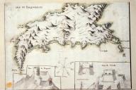 Isle de Porquerolles. [Plan-perpective de l'île de Porquerolles. En marge deux vues en perspective : Tour de Porqueyrol, Tour de Lalicastre]. [vers 1660]