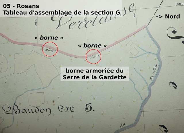 Extrait du tableau d'assemblage de la section G du cadastre de Rosans (1839). Echelle d'origine 1/4 000e.