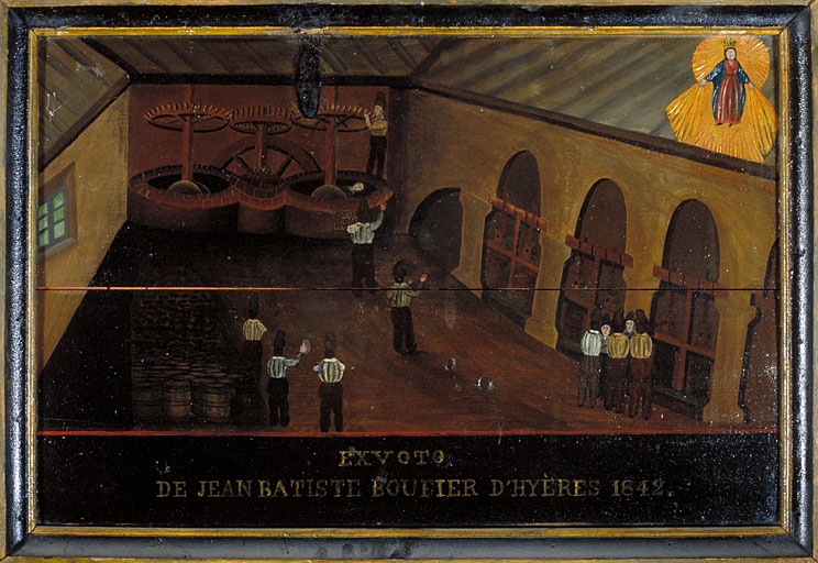 tableau, ex-voto : Chute de Jean-Baptiste Boufier dans un pressoir à huile