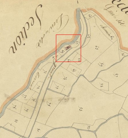Localisation du moulin à foulon, sur le cadastre de 1839 (section E1). Echelle d'origine 1/2 000e.