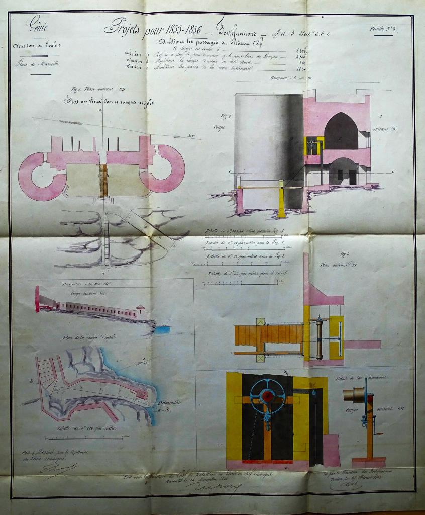 Place de Marseille. Projets pour 1855-1856. [plans de détail pour] améliorer les passages du Château d'If.