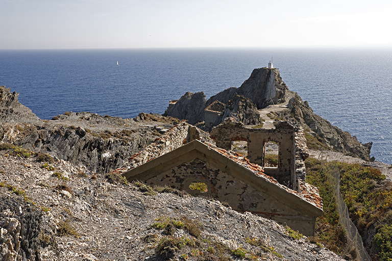 ruines du bâtiment du casernement vu du nord, encaissé dans le terrain, à l'arrière plan chemin de crête et emplacement du poste de commande détruit