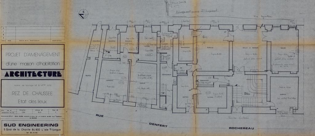 Projet d'aménagement d'une maison, maître de l'ouvrage Mr et Mme Juge, état des lieux, rez-de-chaussée, [annoté par l'architecte], 1978. 