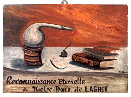 ex-voto, tableau : Nature morte avec cornue, livres, encrier et papier