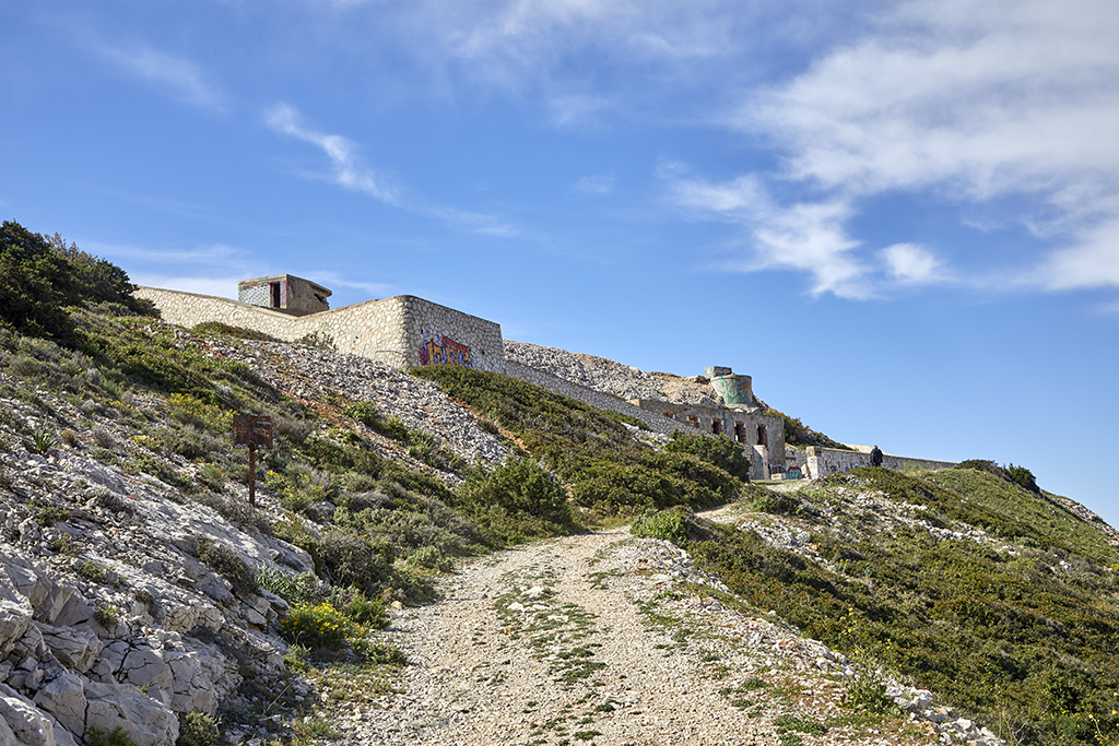 Vue est-nord-est du front de gorge, chemin d'accès, demi-bastionnet d'angle courtine gauche et porte d'entrée