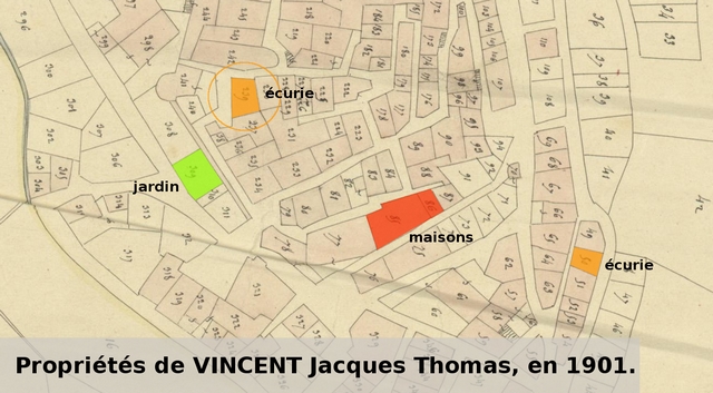 Propriétés de Jacques-Thomas Vincent en 1901, d'après le plan cadastral de 1839, section F1. Echelle d'origine 1/1000e.