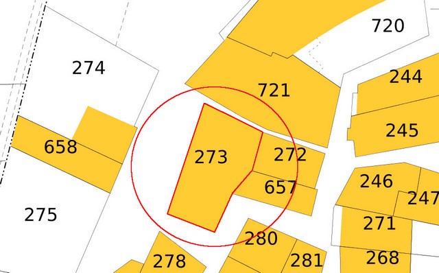 Plan de masse, d'après le cadastre de 2021 (section 000F). Echelle d'origine 1/500e.