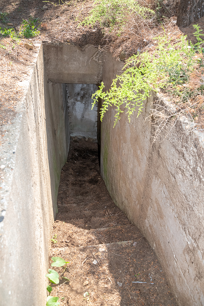 Cuve allemande circulaire pour canon de 7,5 cm au nord-ouest de l'île, détail de la descente vers un petit abri enterré souterrain