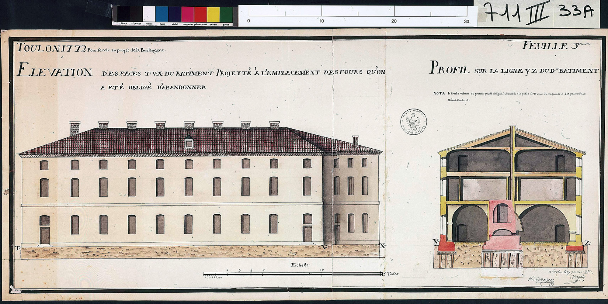 Toulon 1772. Pour servir au projet de la boulangerie.  [Elévation et coupe] 1772