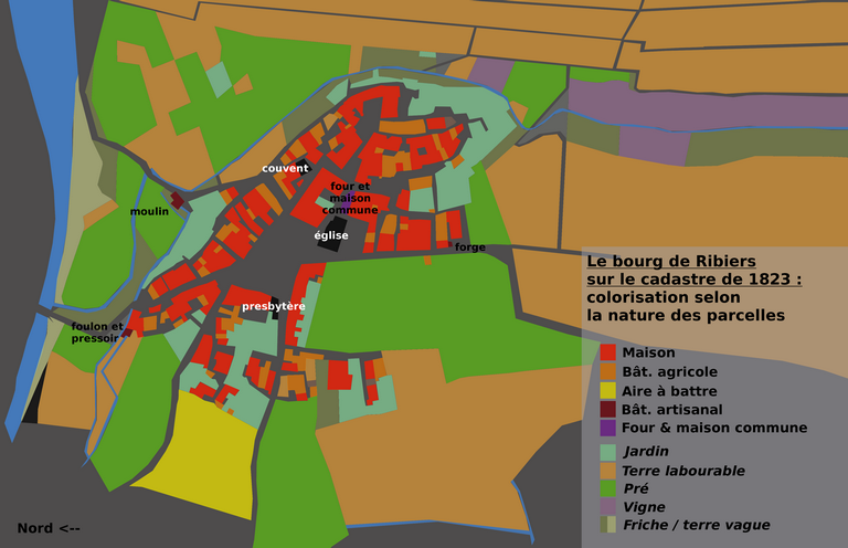 Colorisation selon la nature des parcelles sur fond de plan cadastral de 1823, section E2. Echelle d'origine 1/1250e.