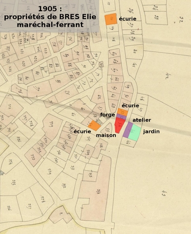 Propriétés du maréchal-ferrant Brès Elie en 1905, reportées sur le cadastre de 1839 (section F1). Echelle d'origine 1/1 000e.