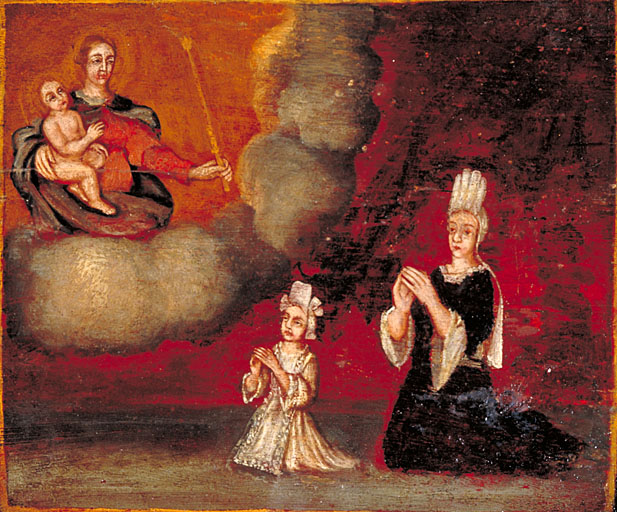 tableau, ex-voto : Femme et fillette en prière devant la Vierge à l'Enfant